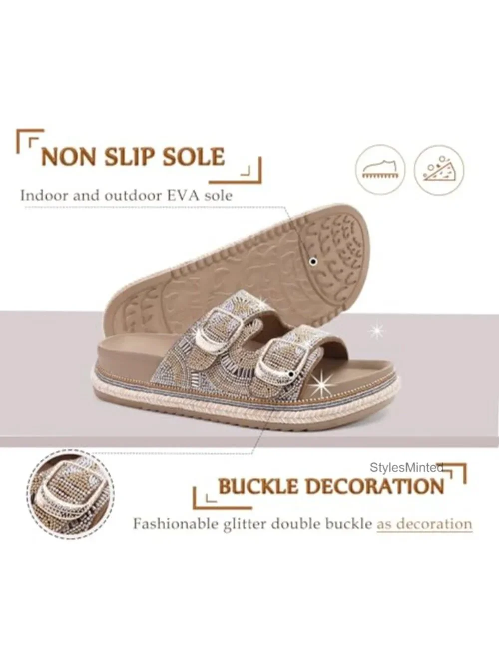 Womens Bling Sandals with Arch Support Orthopedic Rhinestones Slides Non-Slip